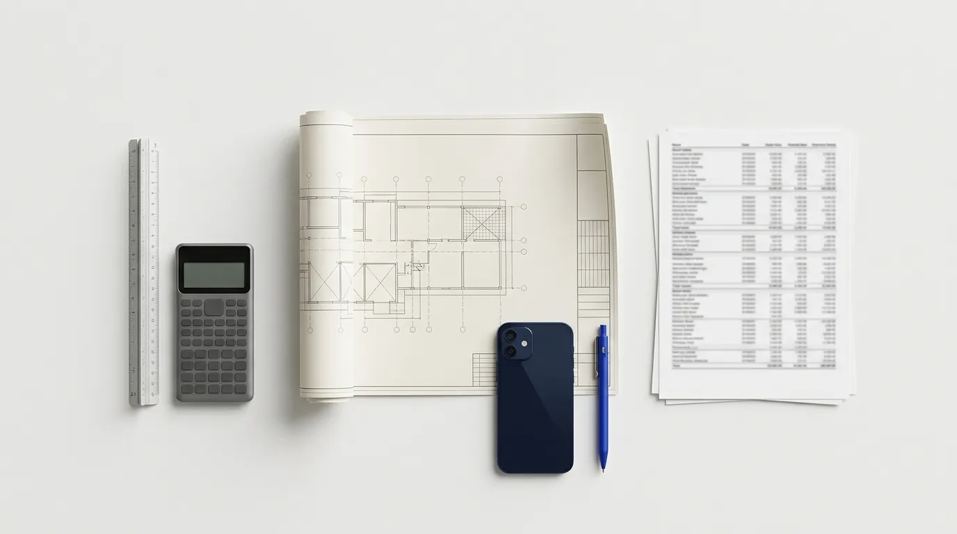 Blueprints, a calculator and a payroll sheet on a desk