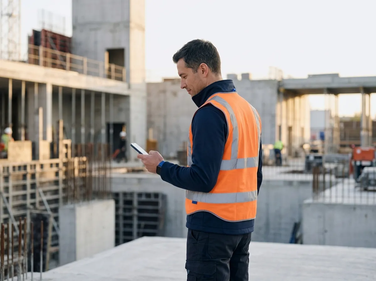 An engineer on a construction site reading a report on his phone